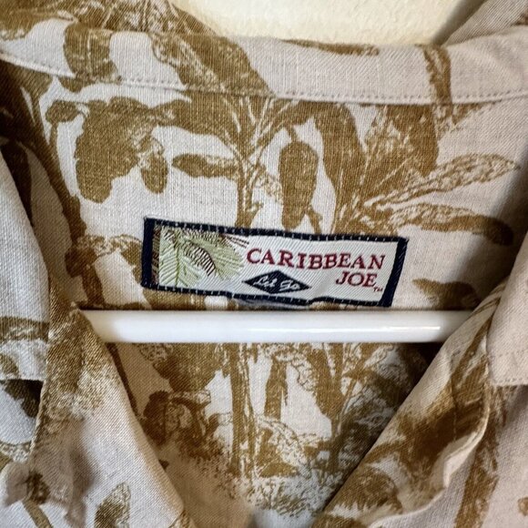 Carribean Joe Womens Tan Tropical Palm Tree Short Sleeve Linen Top Shirt Medium - Picture 2 of 6